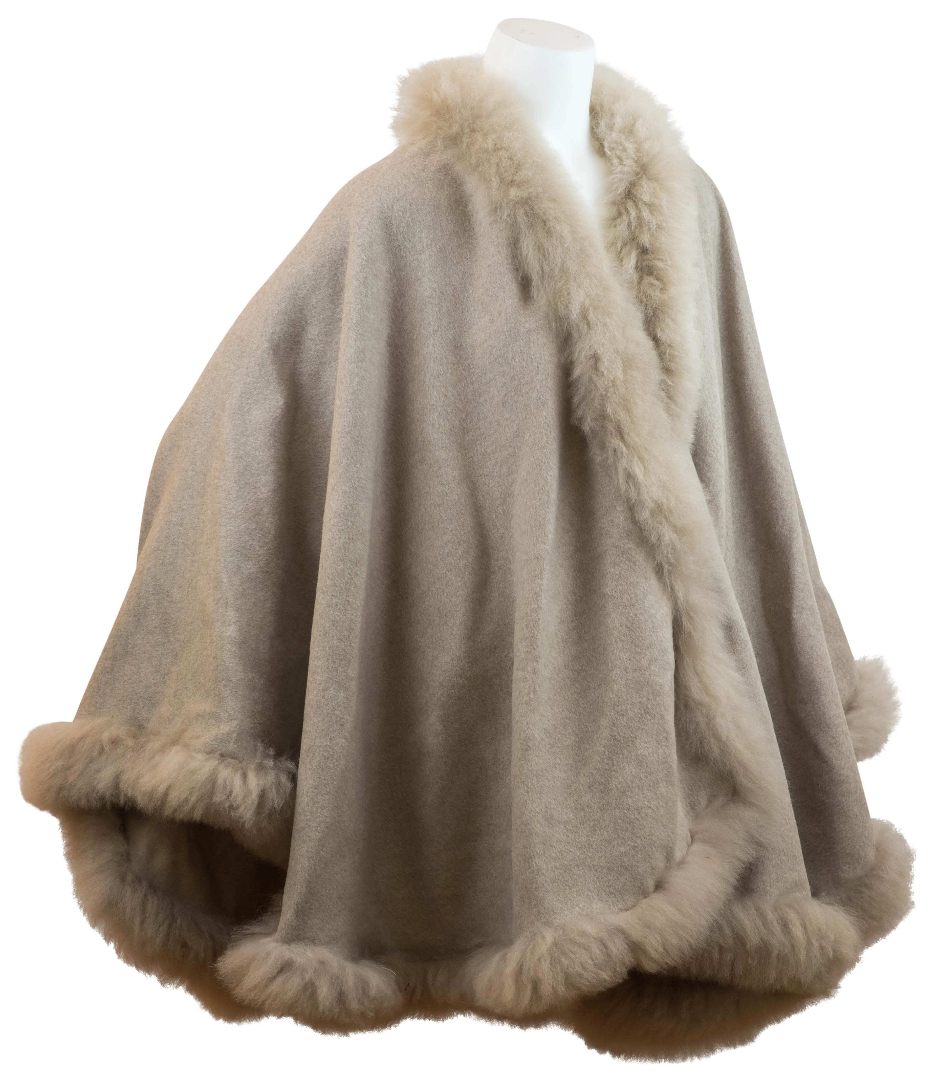 100% Alpaca Wool Cape with Fur Trim (Sand)