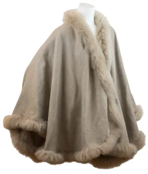 100% Alpaca Wool Cape with Fur Trim (Sand)