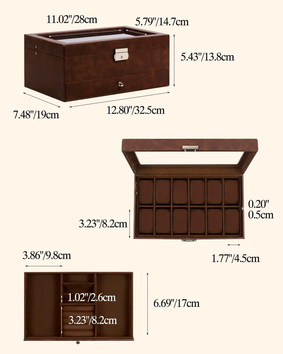 2-Layer Faux Leather Watch Organizer with 12 Slot & Glass Top Lid, Brown