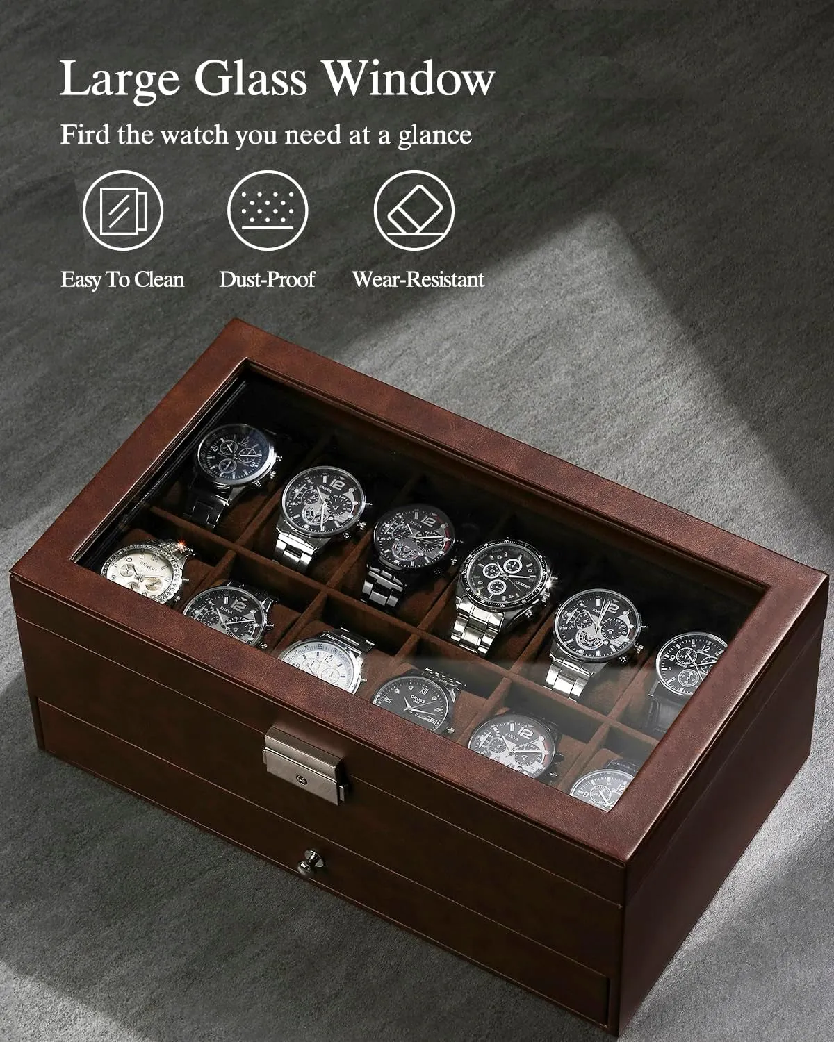 2-Layer Faux Leather Watch Organizer with 12 Slot & Glass Top Lid, Brown