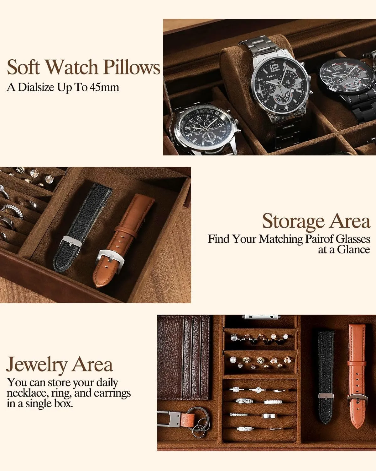 2-Layer Faux Leather Watch Organizer with 12 Slot & Glass Top Lid, Brown