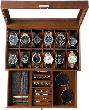 2-Layer Faux Leather Watch Organizer with 12 Slot & Glass Top Lid, Brown