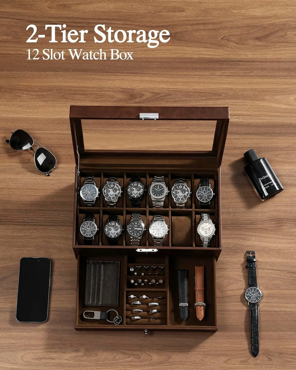 2-Layer Faux Leather Watch Organizer with 12 Slot & Glass Top Lid, Brown