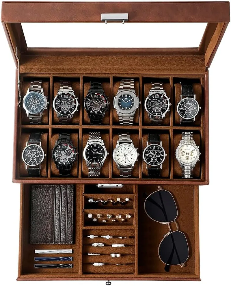 2-Layer Faux Leather Watch Organizer with 12 Slot & Glass Top Lid, Brown