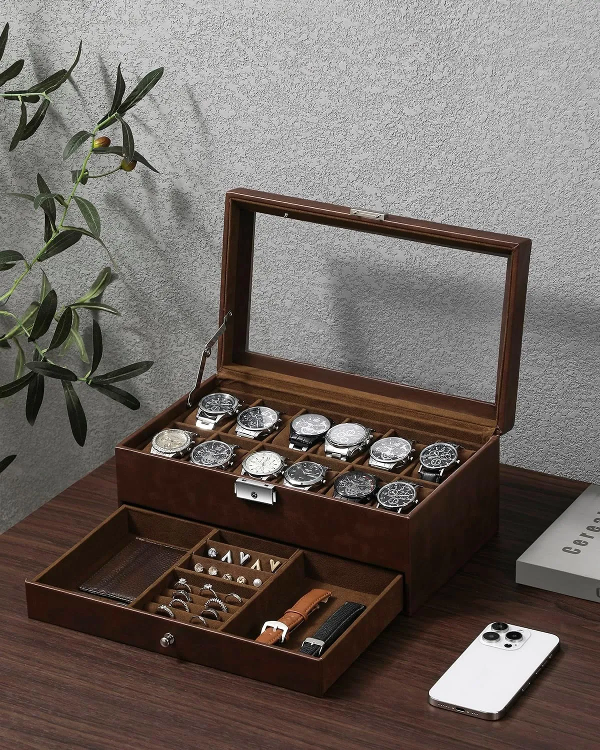 2-Layer Faux Leather Watch Organizer with 12 Slot & Glass Top Lid, Brown