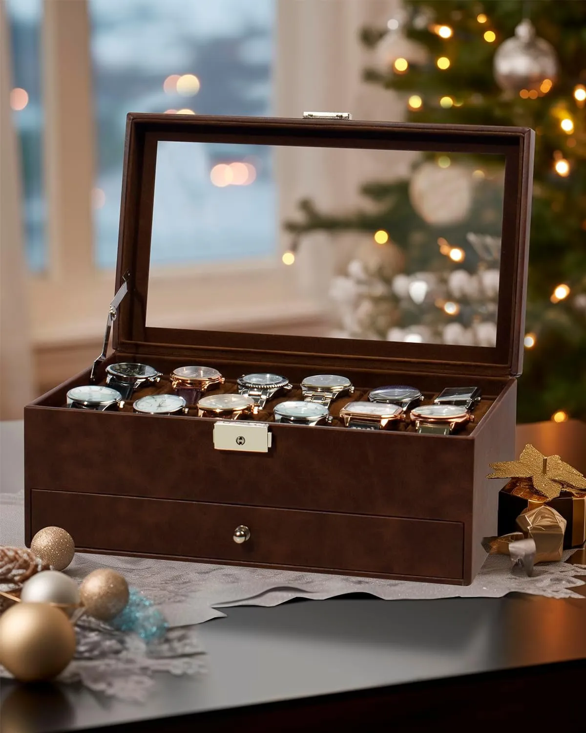 2-Layer Faux Leather Watch Organizer with 12 Slot & Glass Top Lid, Brown