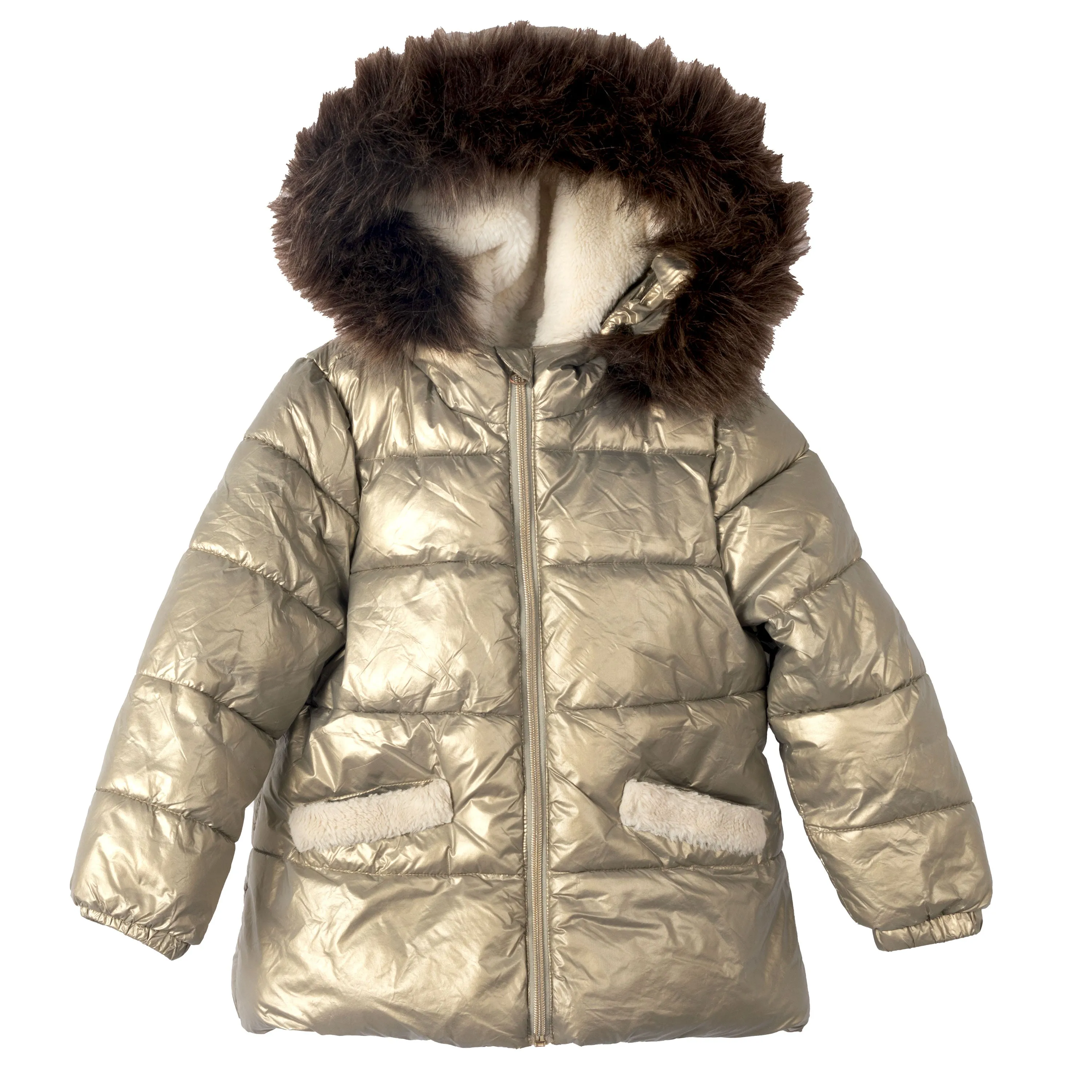[6/7y] Catimini Matte Gold Puffer Jacket w/faux fur hood