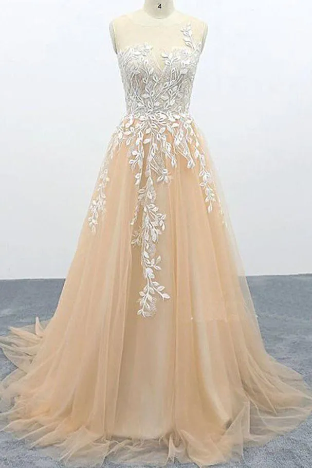 A Line Tulle Lace Appliqued Sweep Train Evening Dress Senior School Dress OKS1