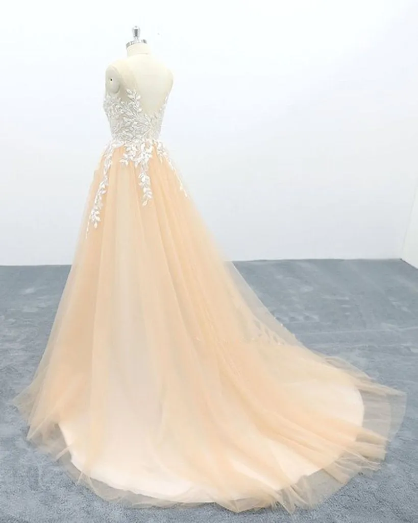 A Line Tulle Lace Appliqued Sweep Train Evening Dress Senior School Dress OKS1