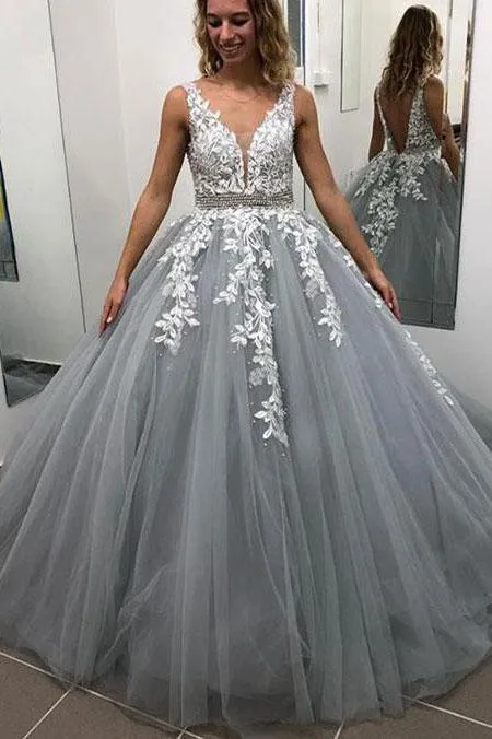 A Line V Neck Tulle Lace Appliques Long Prom Dress Formal Evening Dress School Party Gown OK1019