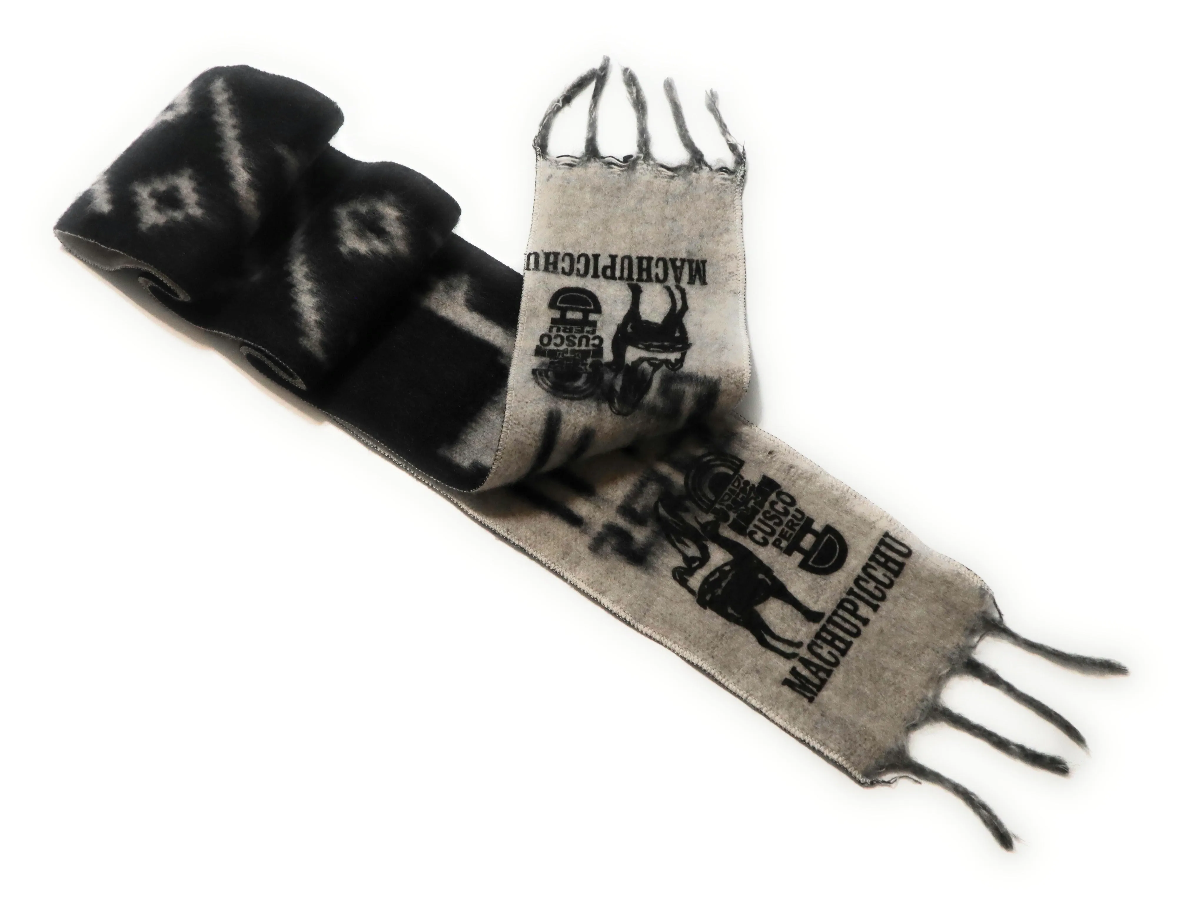 Alpaca Wool Blend Scarf Peruvian Natural Fiber Fringed, Llama and Tumi designs 72" L x 5.5" Black and Gray Color, Reversible, Thick knit