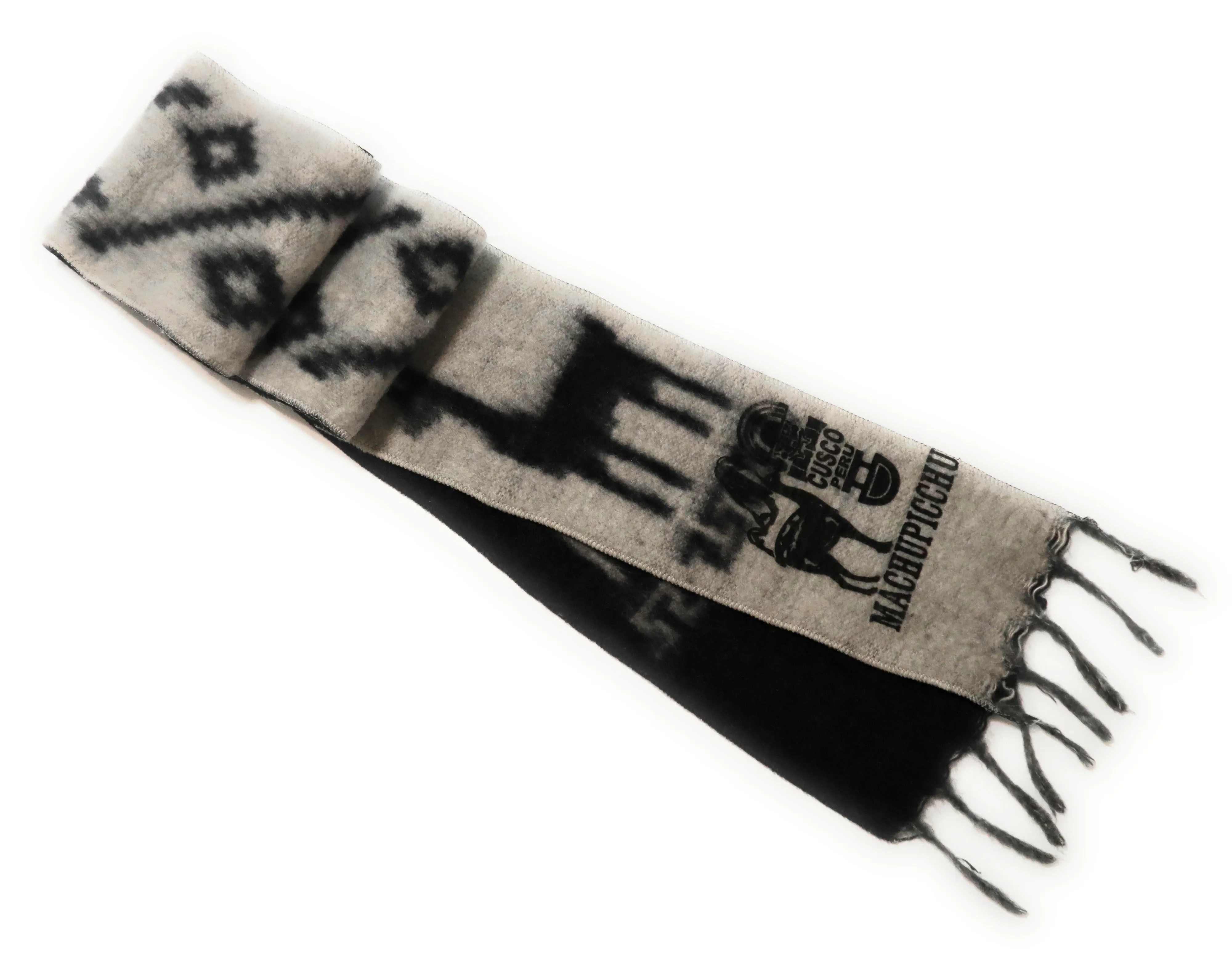 Alpaca Wool Blend Scarf Peruvian Natural Fiber Fringed, Llama and Tumi designs 72" L x 5.5" Black and Gray Color, Reversible, Thick knit