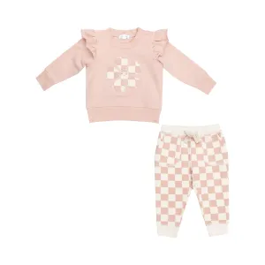 Angel Dear French Terry Ruffle Patch Sweatshirt & Jogger Set - Checkerboard Pink