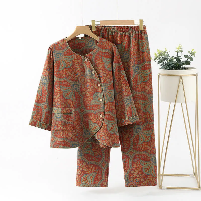 Athene™ - Vintage Jacquard Round Neck Loungewear Set - Timeless Elegance