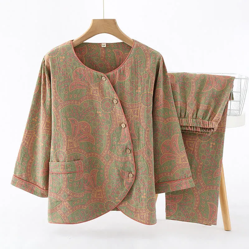 Athene™ - Vintage Jacquard Round Neck Loungewear Set - Timeless Elegance