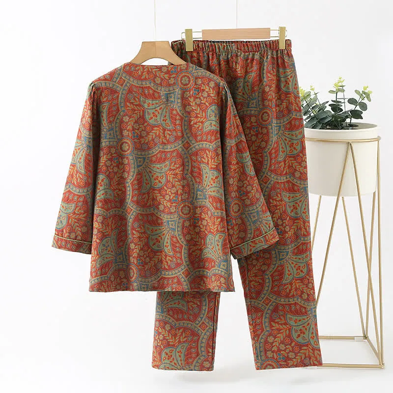Athene™ - Vintage Jacquard Round Neck Loungewear Set - Timeless Elegance