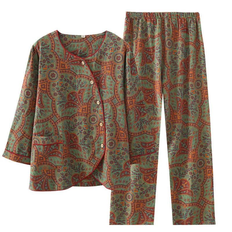 Athene™ - Vintage Jacquard Round Neck Loungewear Set - Timeless Elegance