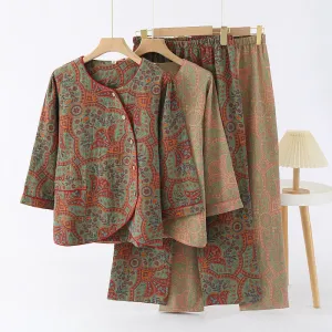 Athene™ - Vintage Jacquard Round Neck Loungewear Set - Timeless Elegance
