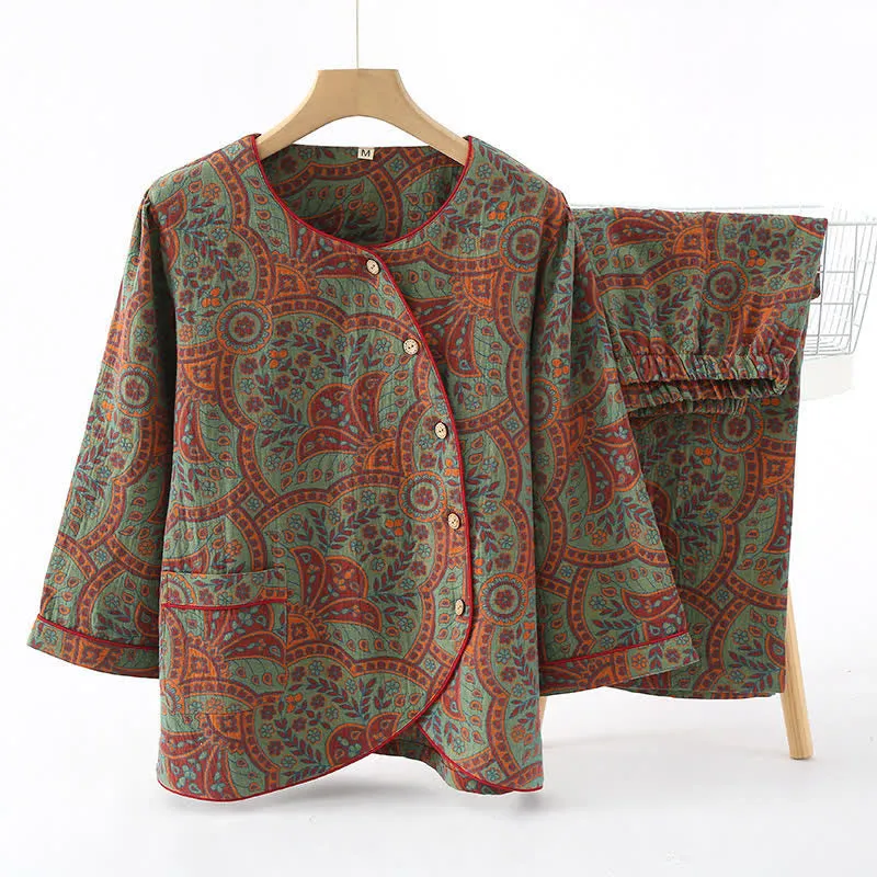 Athene™ - Vintage Jacquard Round Neck Loungewear Set - Timeless Elegance