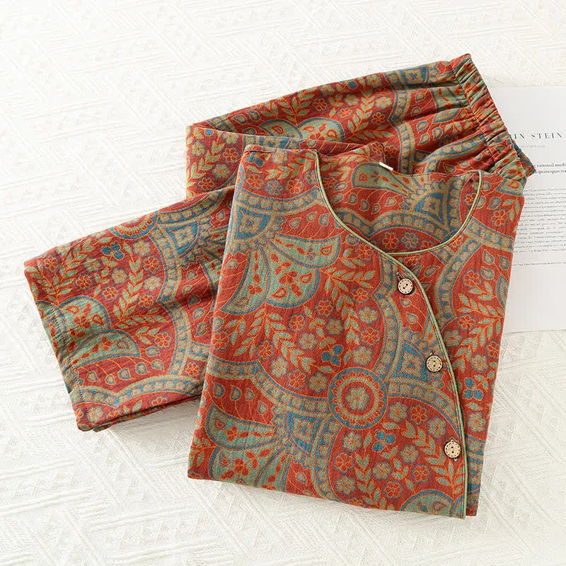 Athene™ - Vintage Jacquard Round Neck Loungewear Set - Timeless Elegance