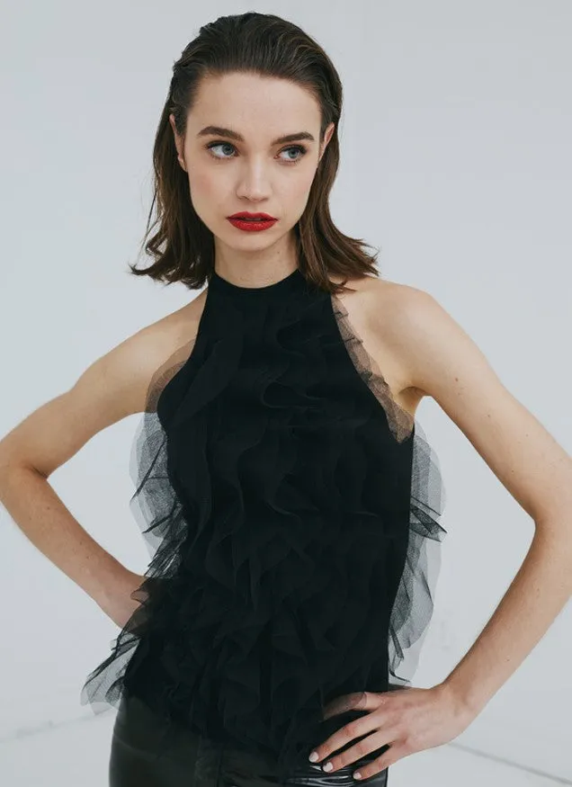 Autumn Cashmere Halter With Cascading Tulle Ruffles - Black