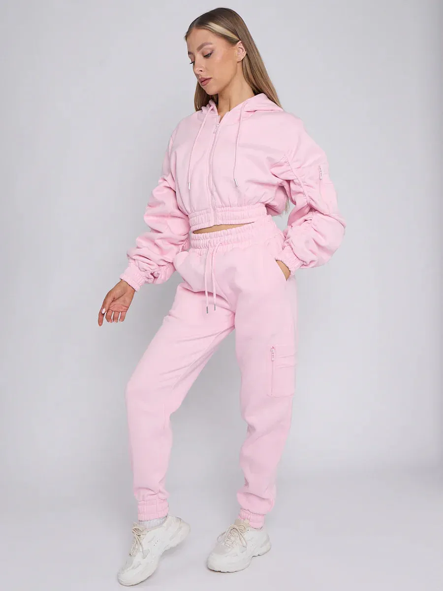 Baby Pink Cropped Ruched Sleeve Hoodie & Jogger Co-ord Loungewear Set