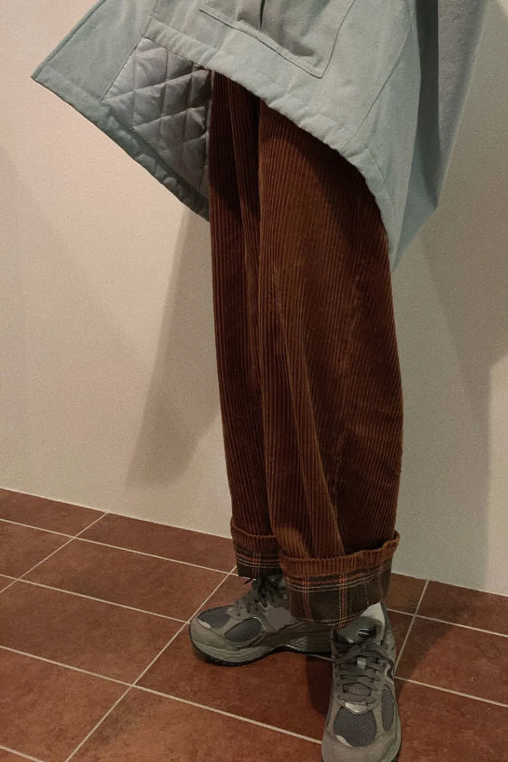Back Side Plaid High Waist Corduroy Long Pants