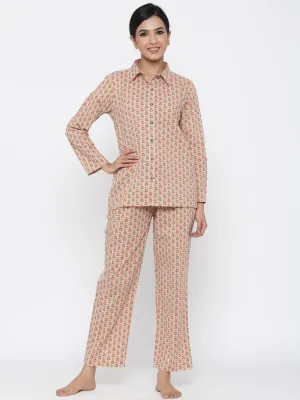 Beige Floral Print Straight Cotton Night Suit