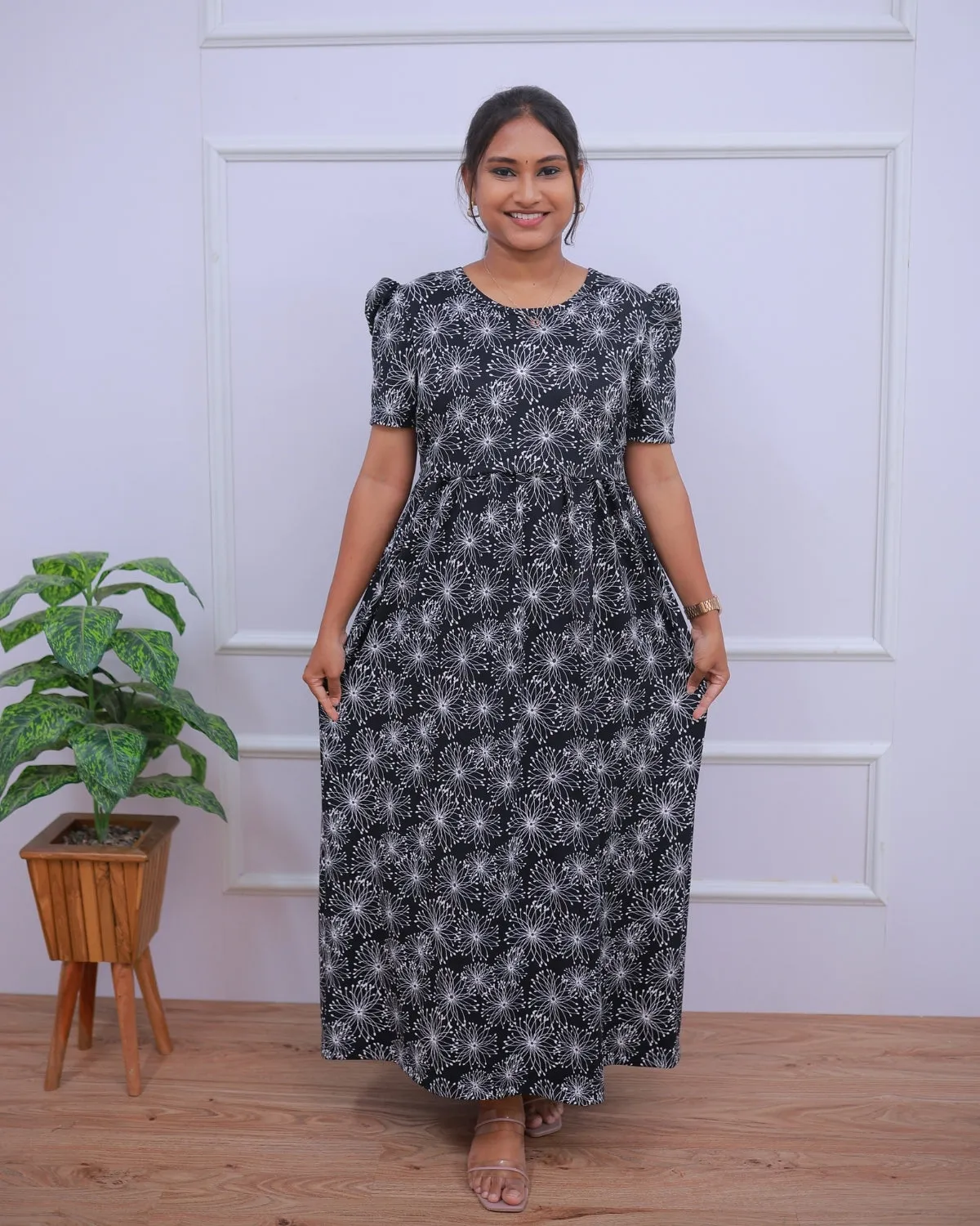 Bhavana | Zipless Maternity Dress - Puff Sleeves | Full Length Maxi