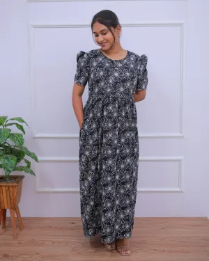 Bhavana | Zipless Maternity Dress - Puff Sleeves | Full Length Maxi