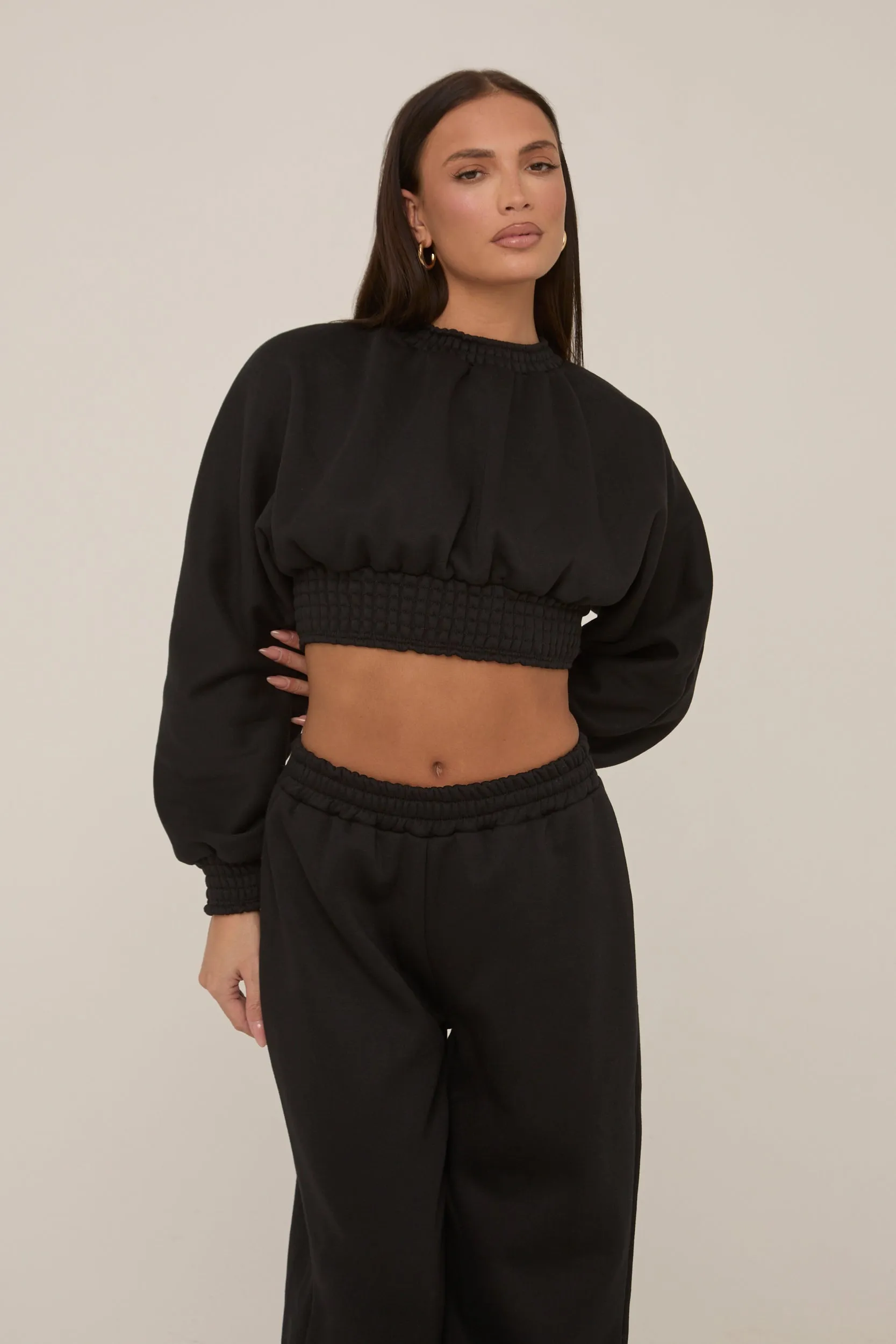 Black Crop Sweater and Wide Leg Jogger Set - Enya