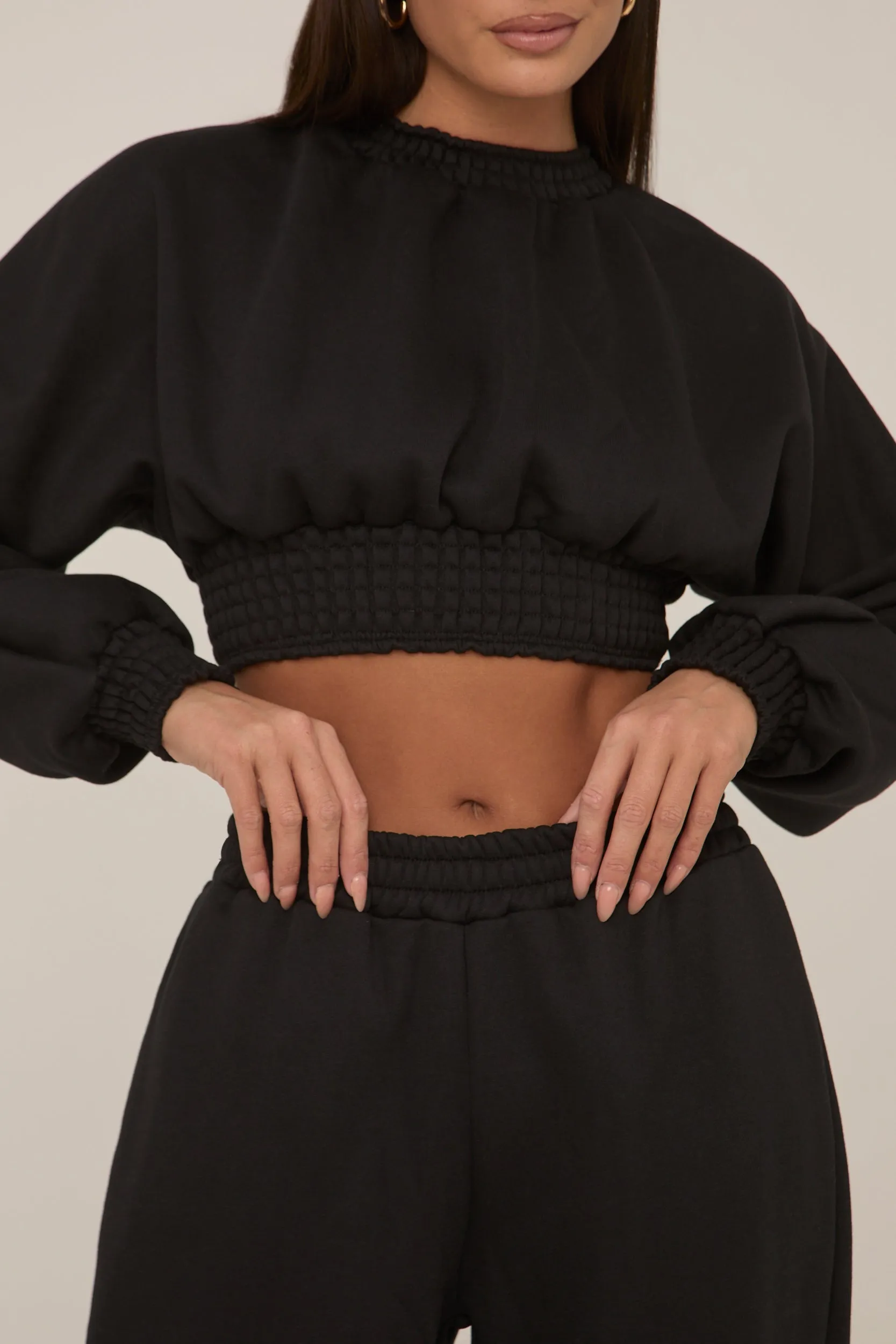 Black Crop Sweater and Wide Leg Jogger Set - Enya