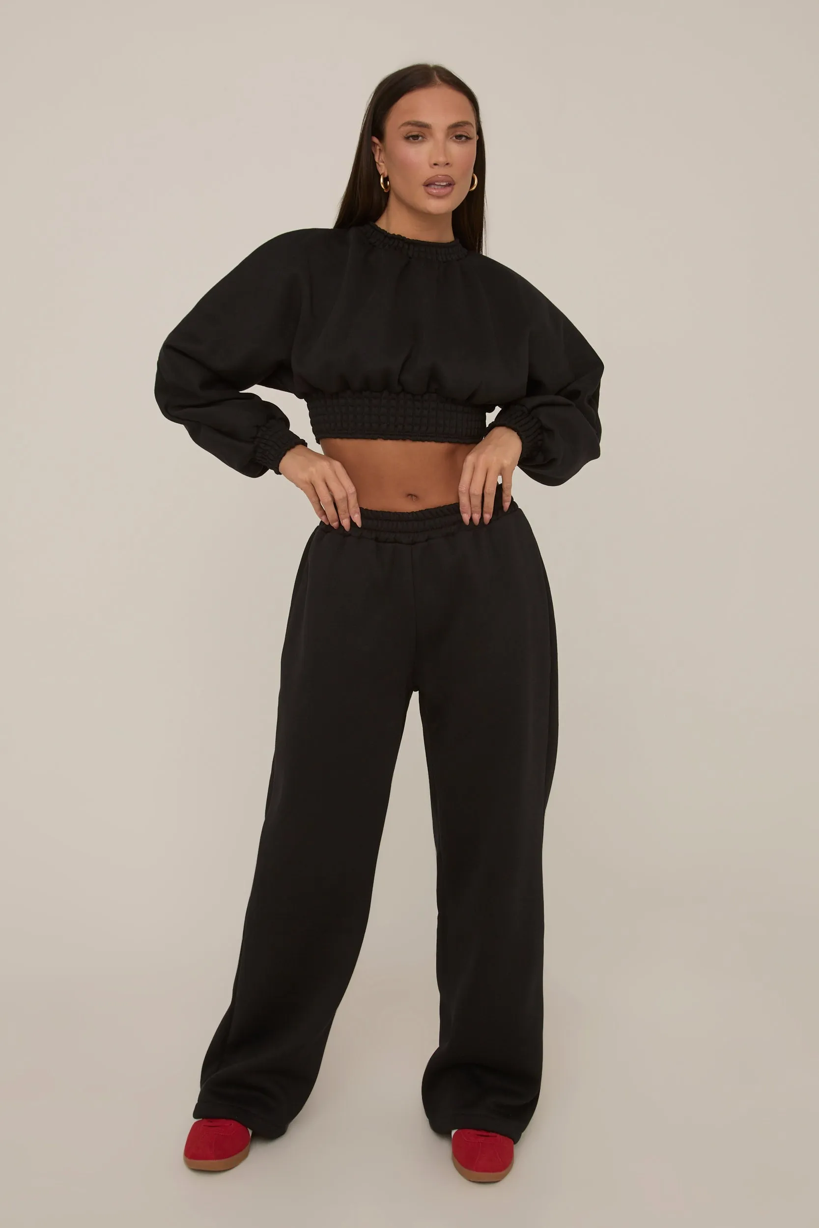 Black Crop Sweater and Wide Leg Jogger Set - Enya