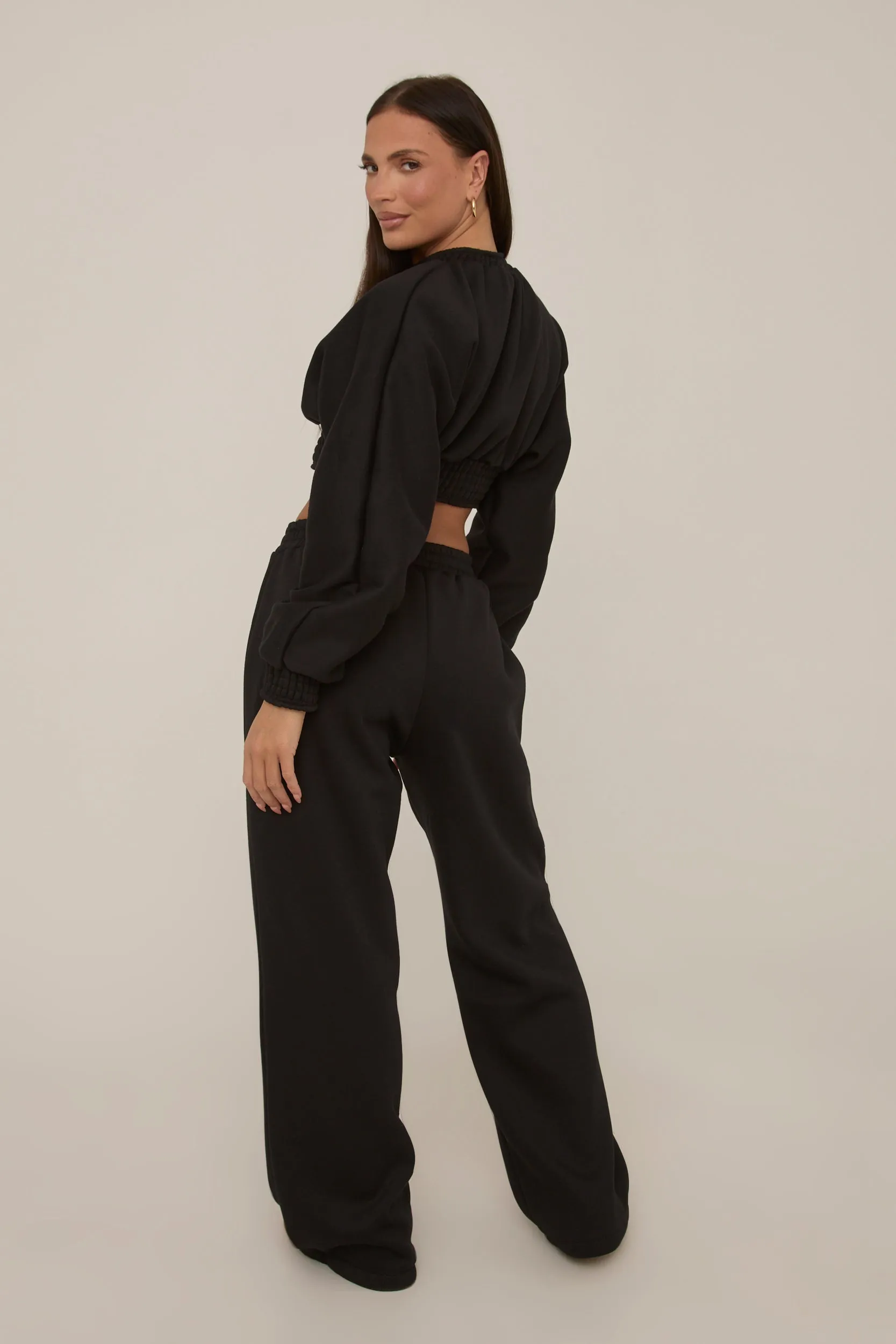 Black Crop Sweater and Wide Leg Jogger Set - Enya
