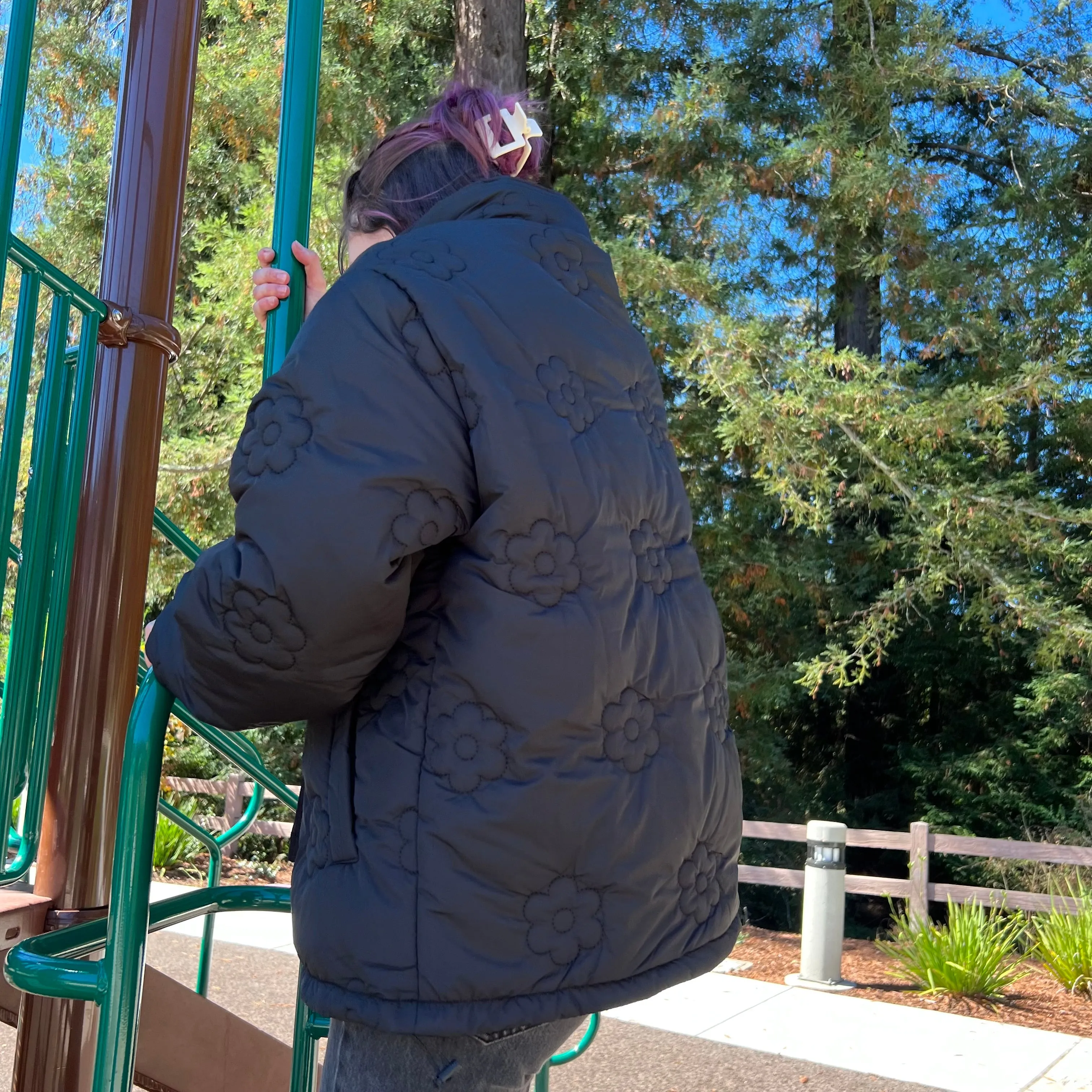 Black Daisy Puffer Jackets