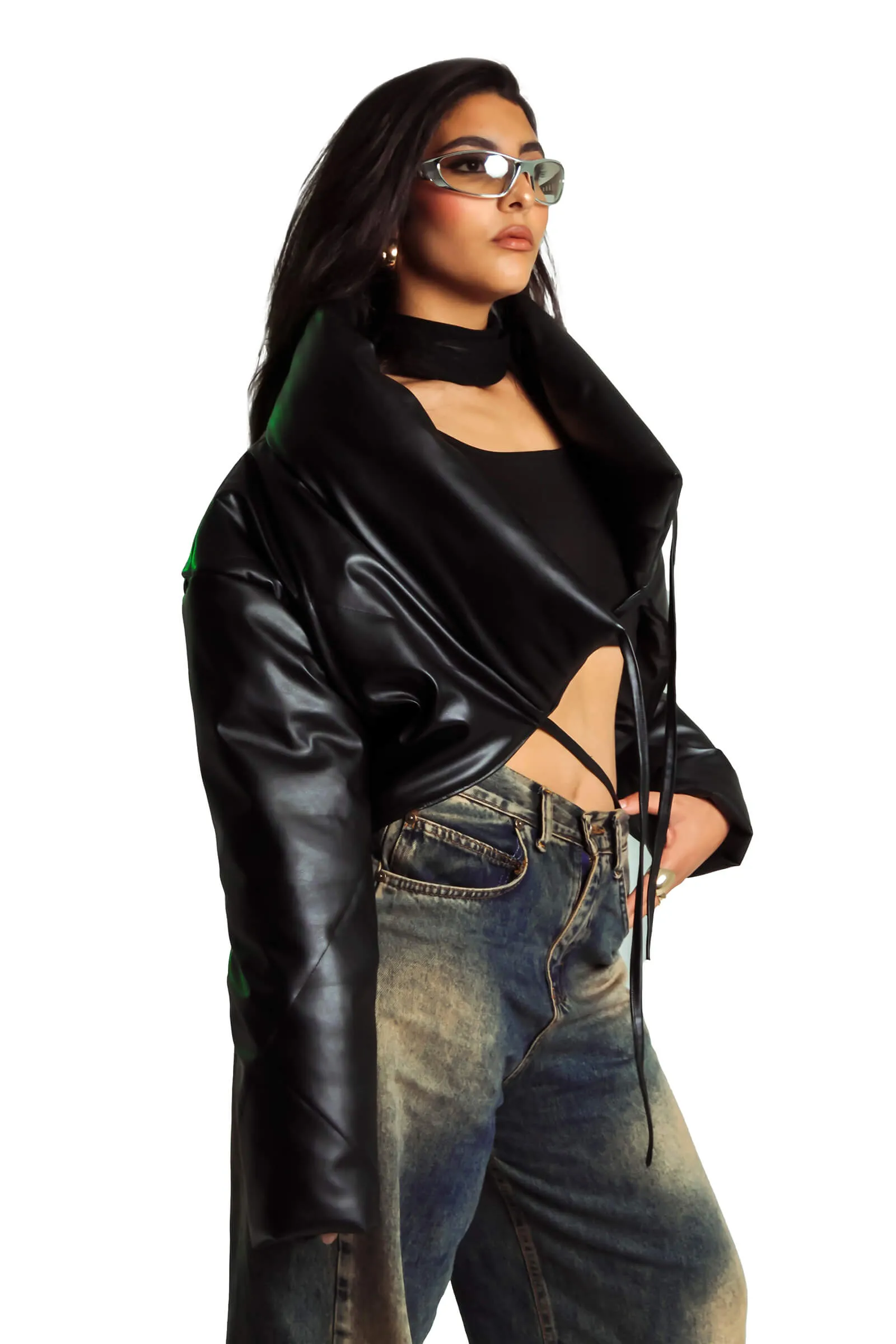 Black Drawstring Waist Puffer Jacket