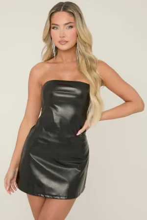 Black Faux Leather Bandeau A Line Dress - Lucille