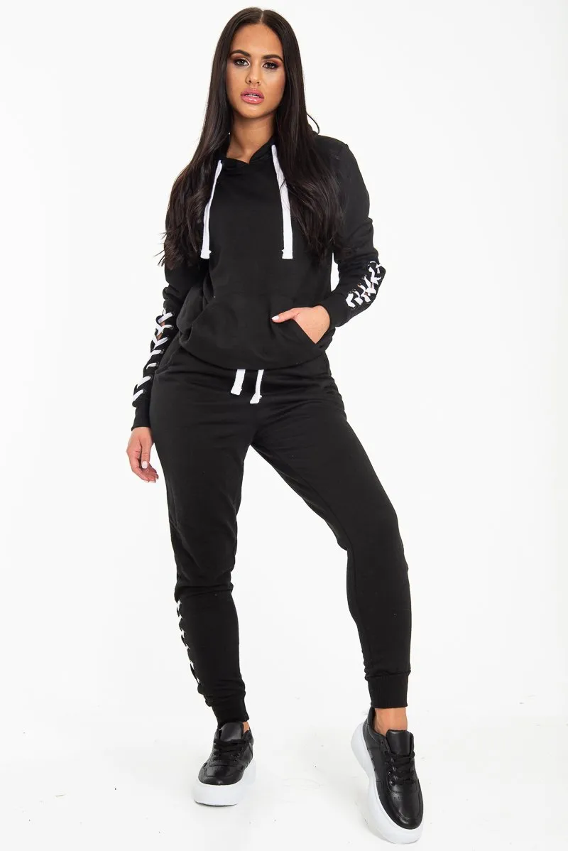 Black Lace Detail Hooded Drawstring and Jogger Set - Jamiya