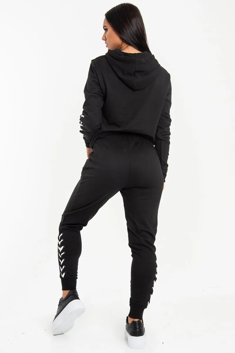 Black Lace Detail Hooded Drawstring and Jogger Set - Jamiya