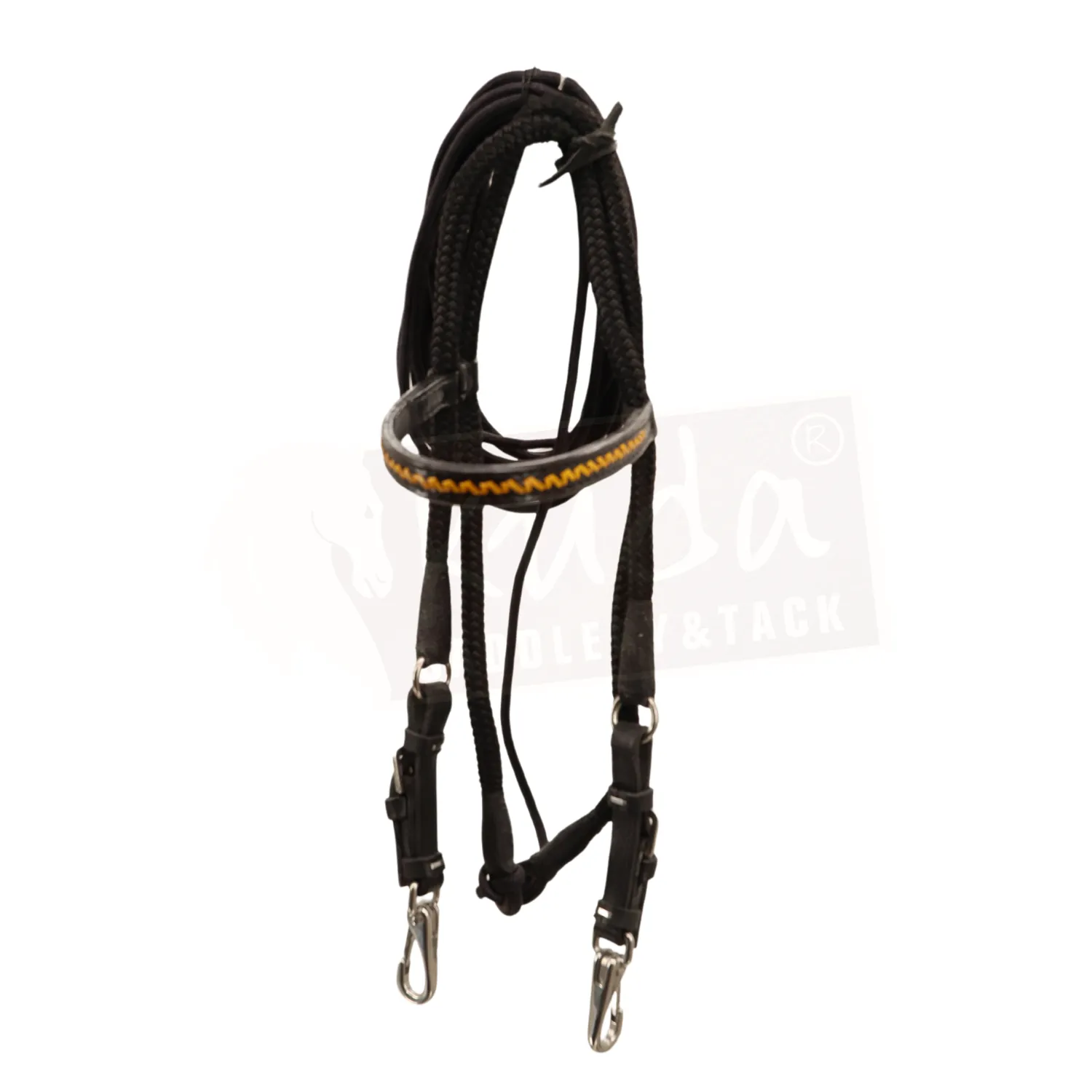Black Nylon/Leather Headstall with S.S. Clips and Yellow Accents