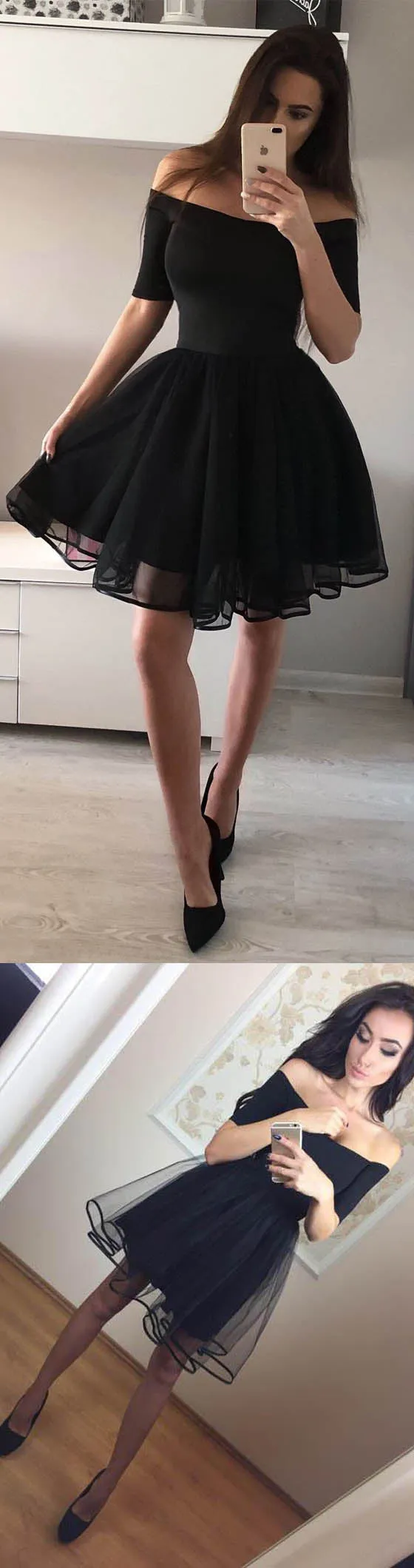 Black Off the Shoulder Short Sleeves Simple Short Homecoming Dresses, BH116