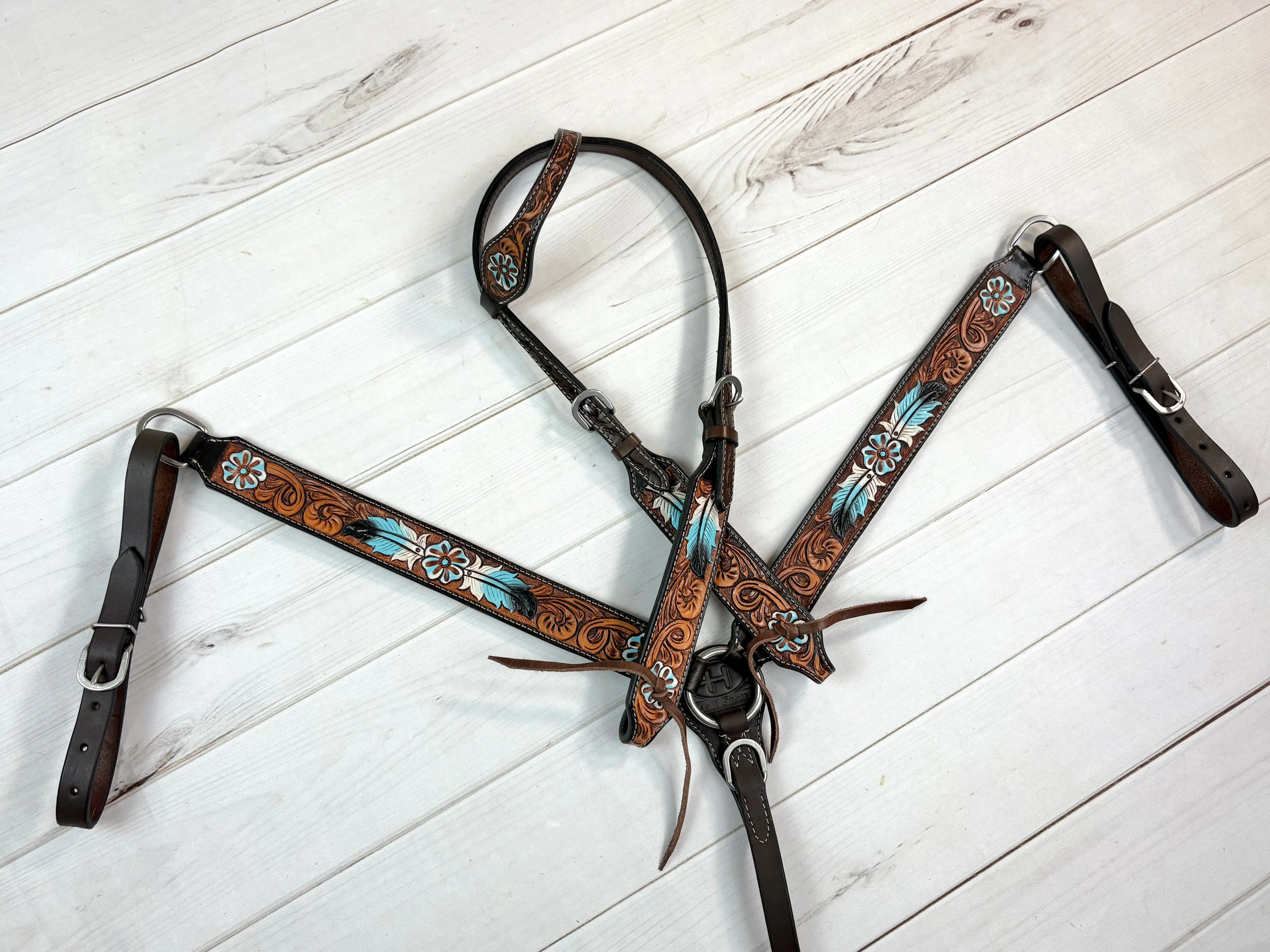 Blue Feather Leather Tooled Tack Set