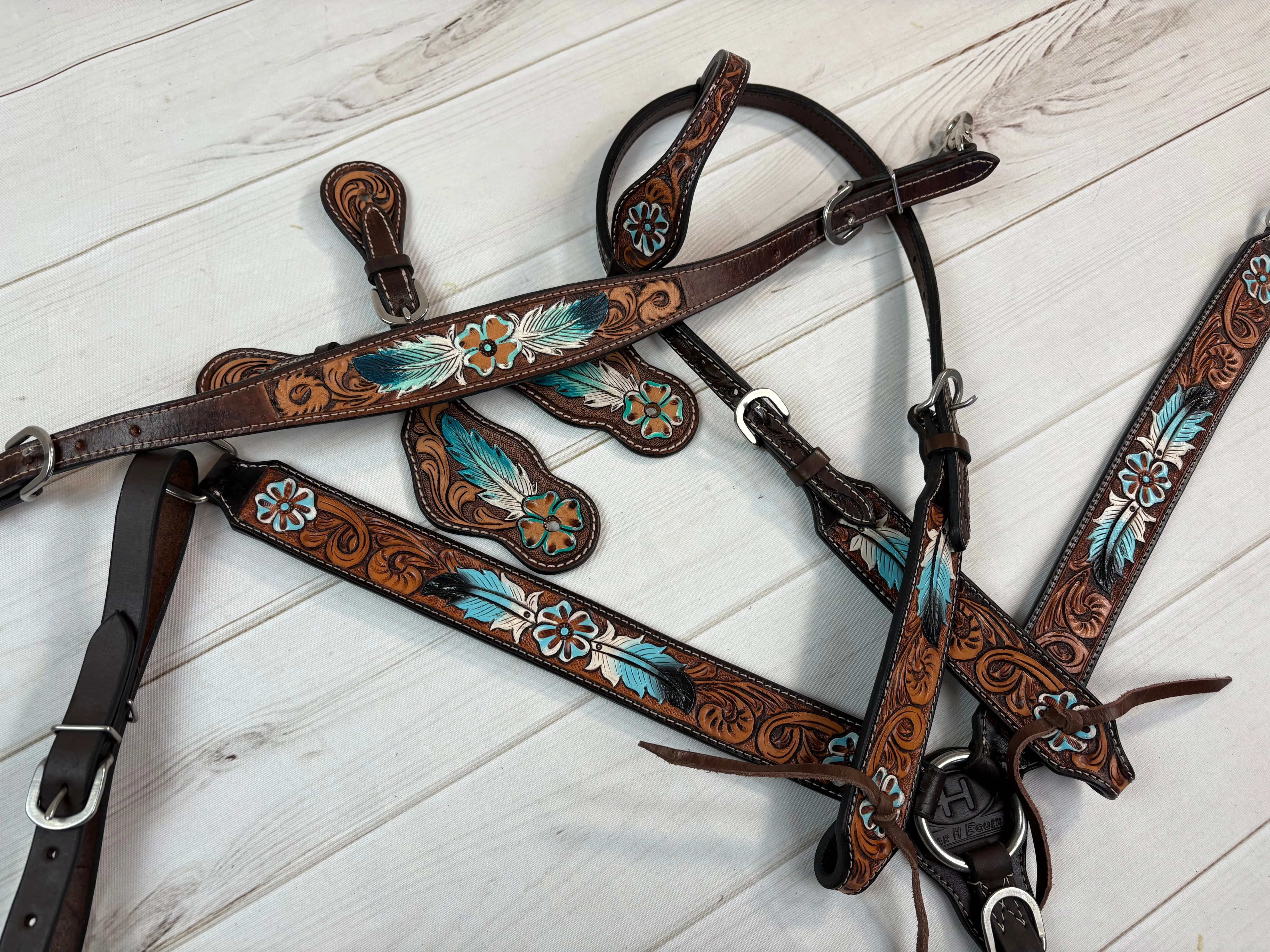 Blue Feather Leather Tooled Tack Set
