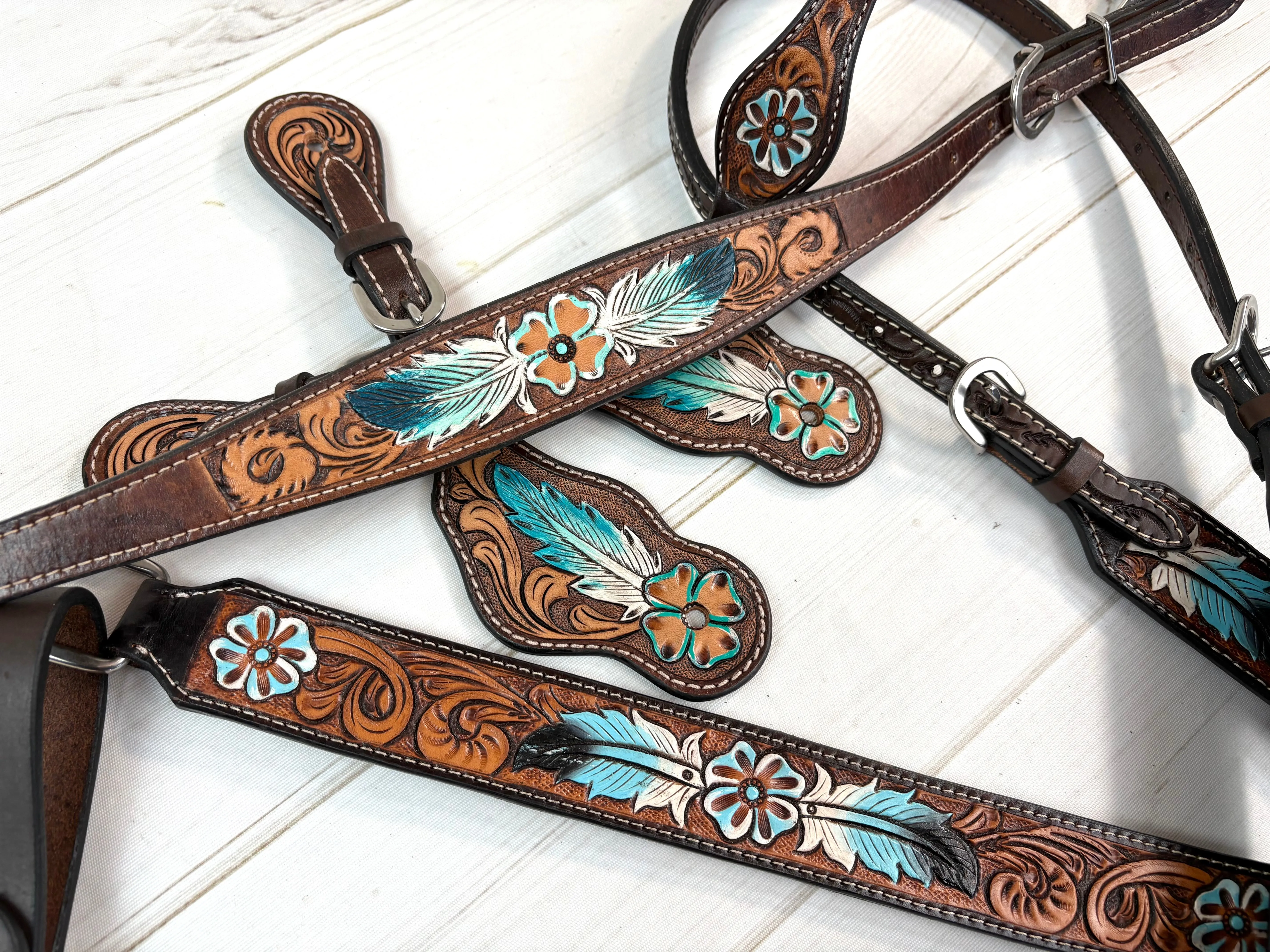 Blue Feather Leather Tooled Tack Set