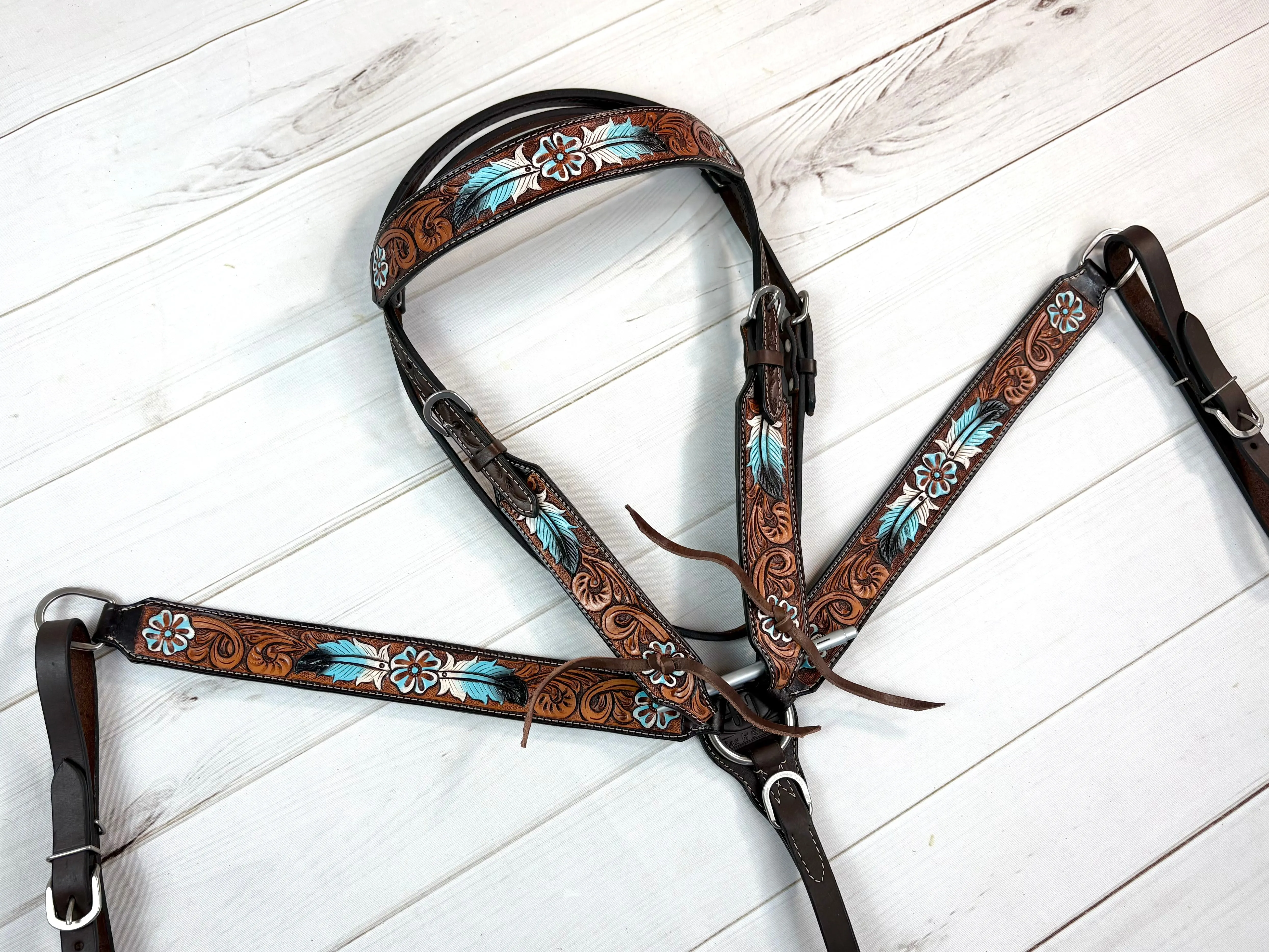 Blue Feather Leather Tooled Tack Set