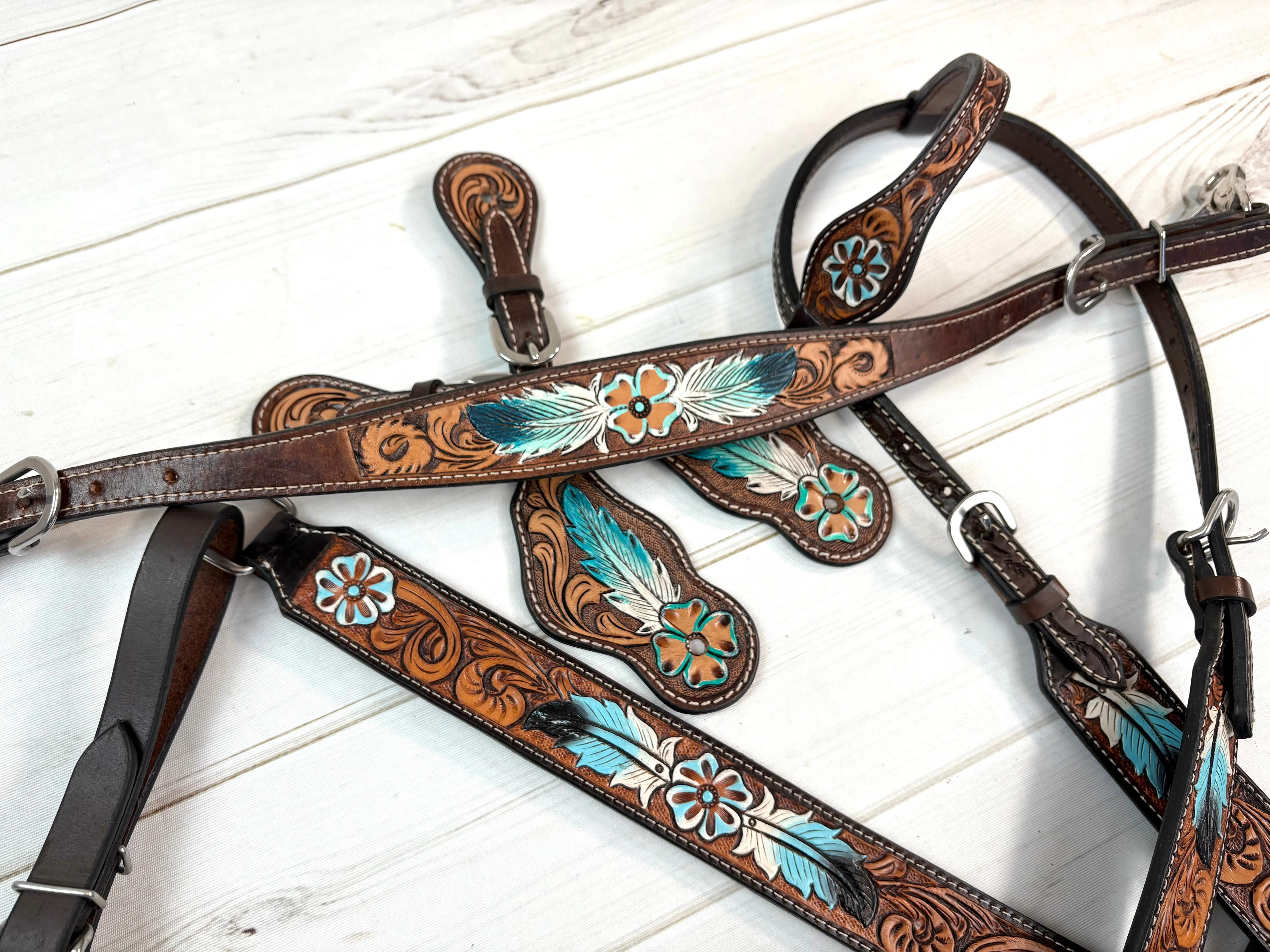 Blue Feather Leather Tooled Tack Set
