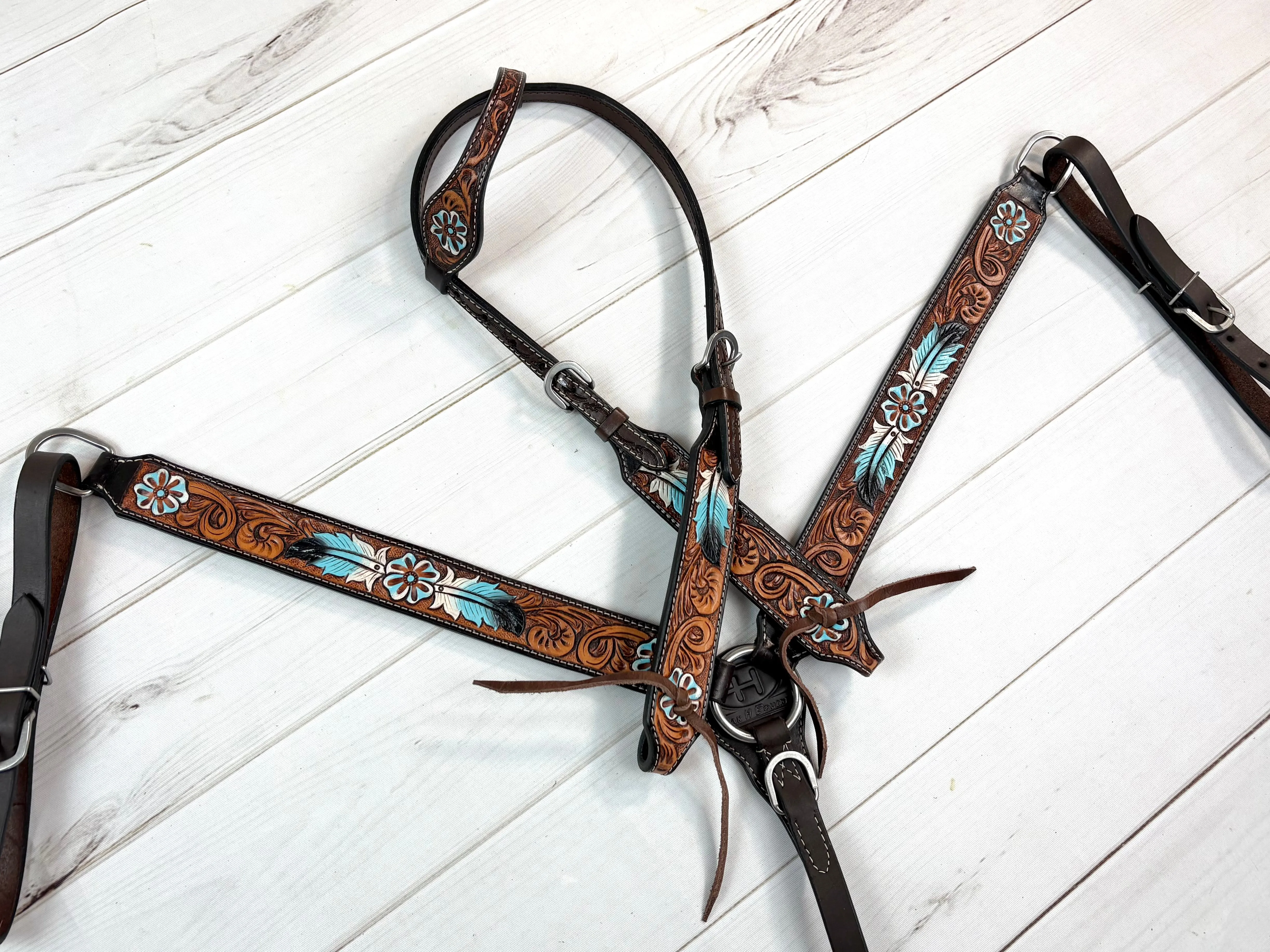 Blue Feather Leather Tooled Tack Set