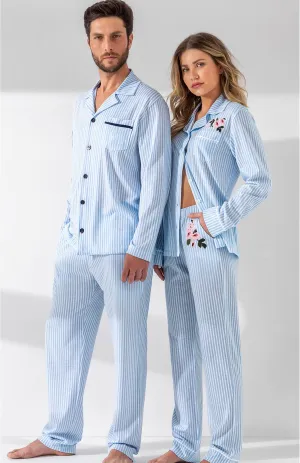 Blue Hearts | Blue Cotton Stripes Loungewear Set For Couples