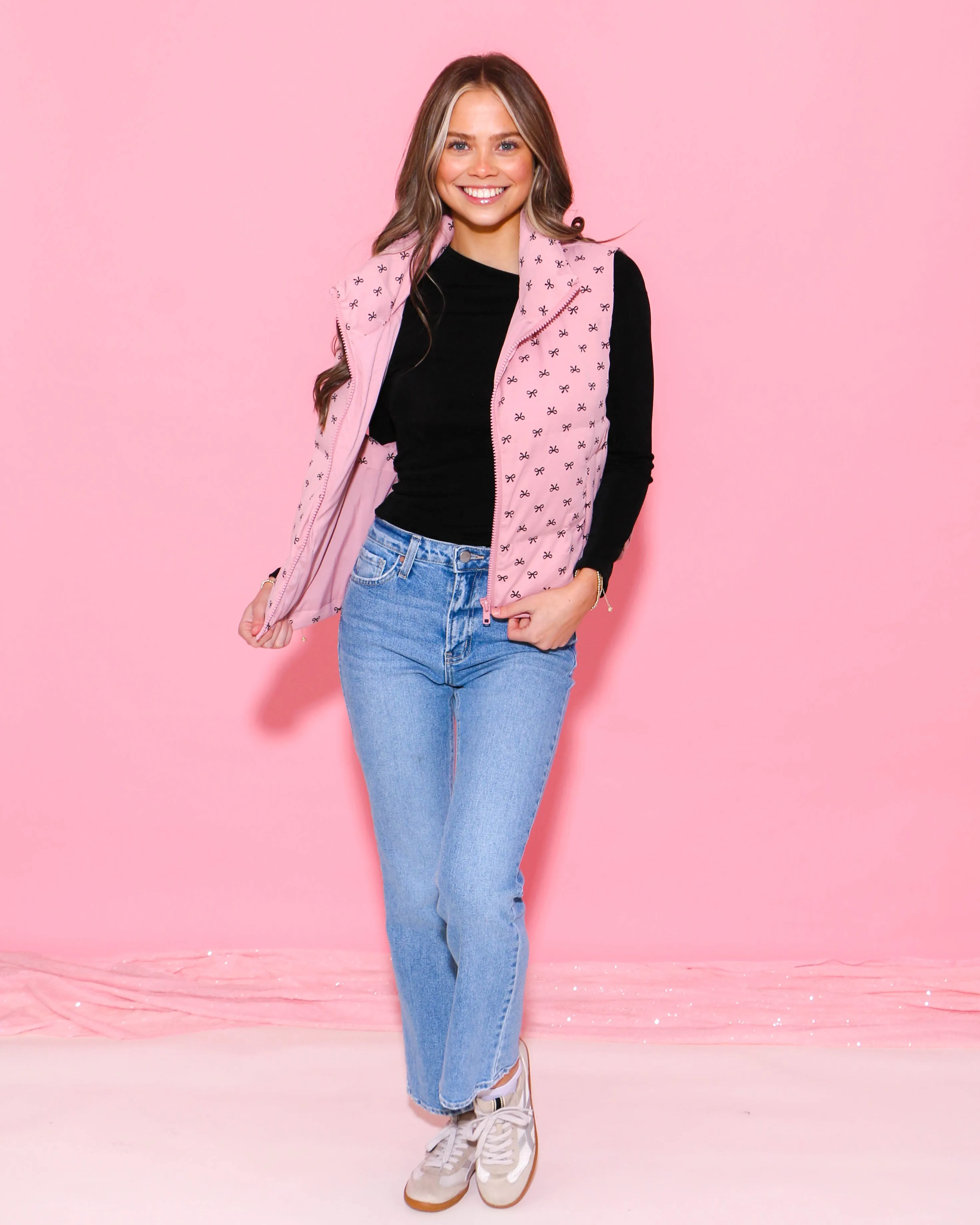 Bow Print Pink Puffer Vest