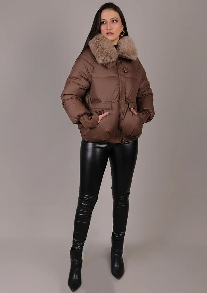Brown Puffer Jacket With Detachable Fur Collar